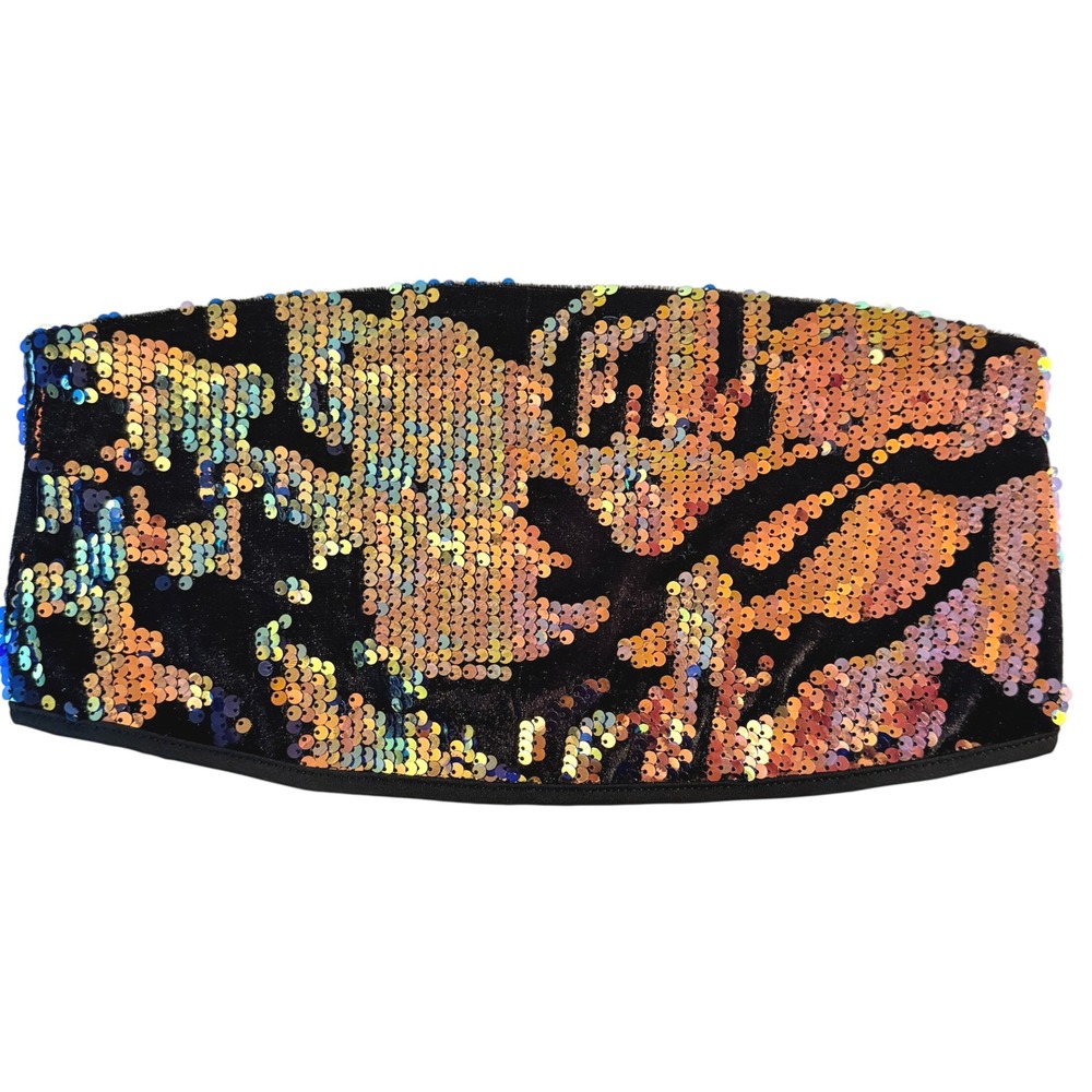 Black Iridescent Sequin Bandeau Tube Top S Zip Back Festival Party